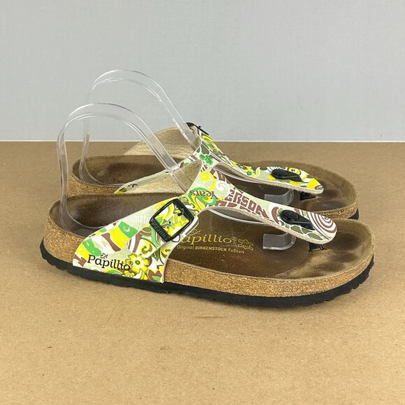 Birkenstock Papillio Gizeh Floral Print Toe Post Sandals Womens 9 Yellow Green - Picture 3 of 9